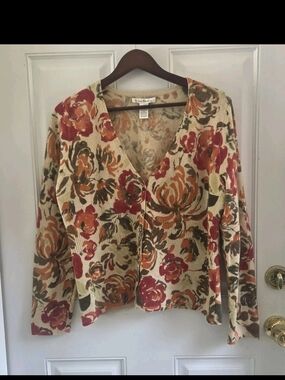 Susan Bristol Floral Womens Lambs Wool Angora Cardigan Sweater Size XL V Neck